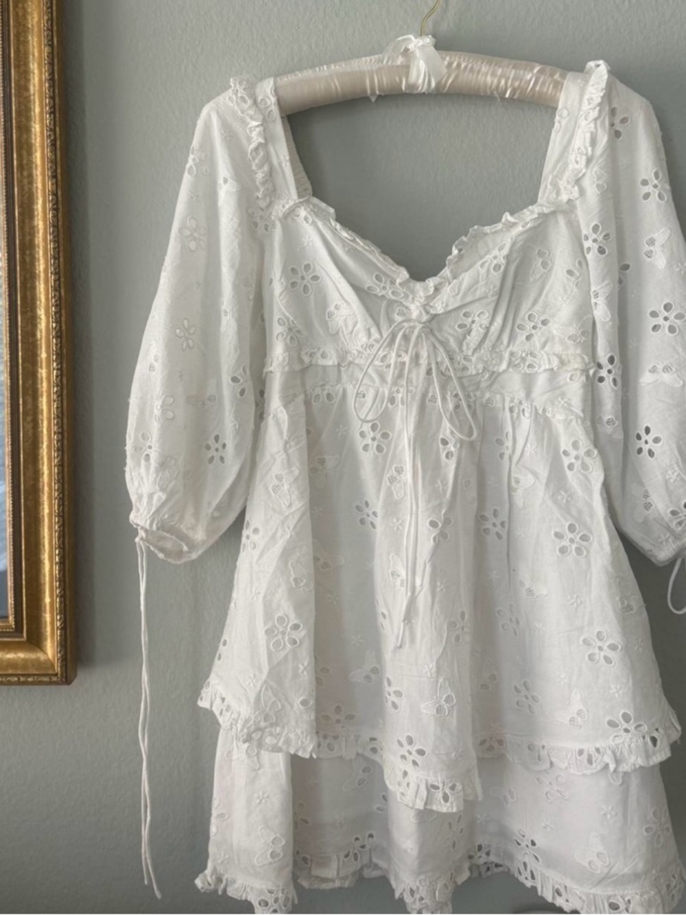 For Love & Lemons White Eyelet Mini Dress - Romantic Lace Tiered Mini